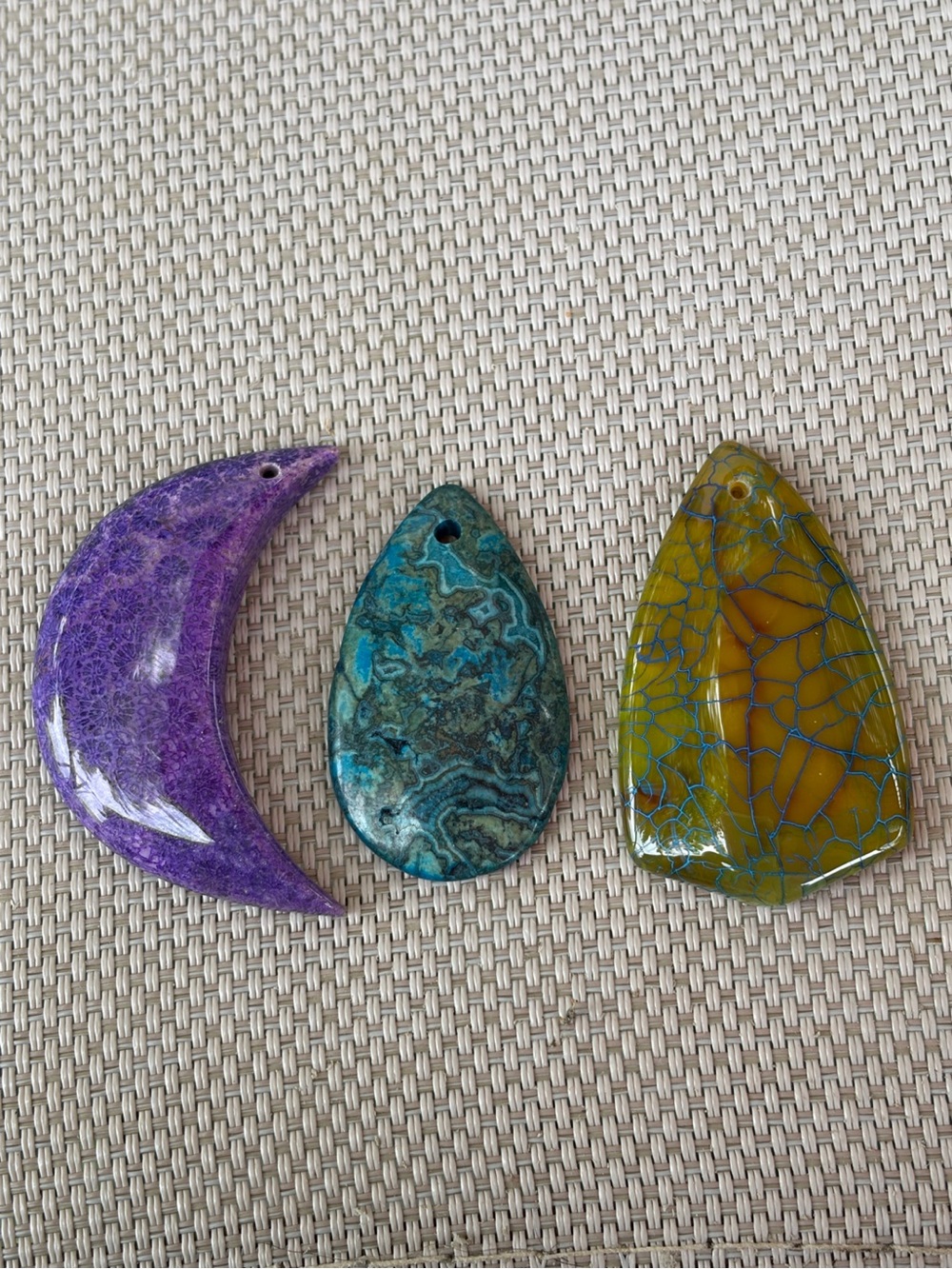Fossilized Coral Moon, Azurite & Dragon Vein Agate Pendant Trio, Artisan Gems - Picture 2 of 3